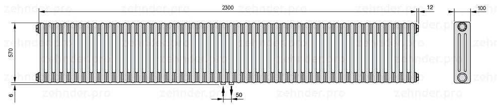 Схема (чертеж) Радиатор Zehnder Charleston 3057/50 №3470 Technoline TL